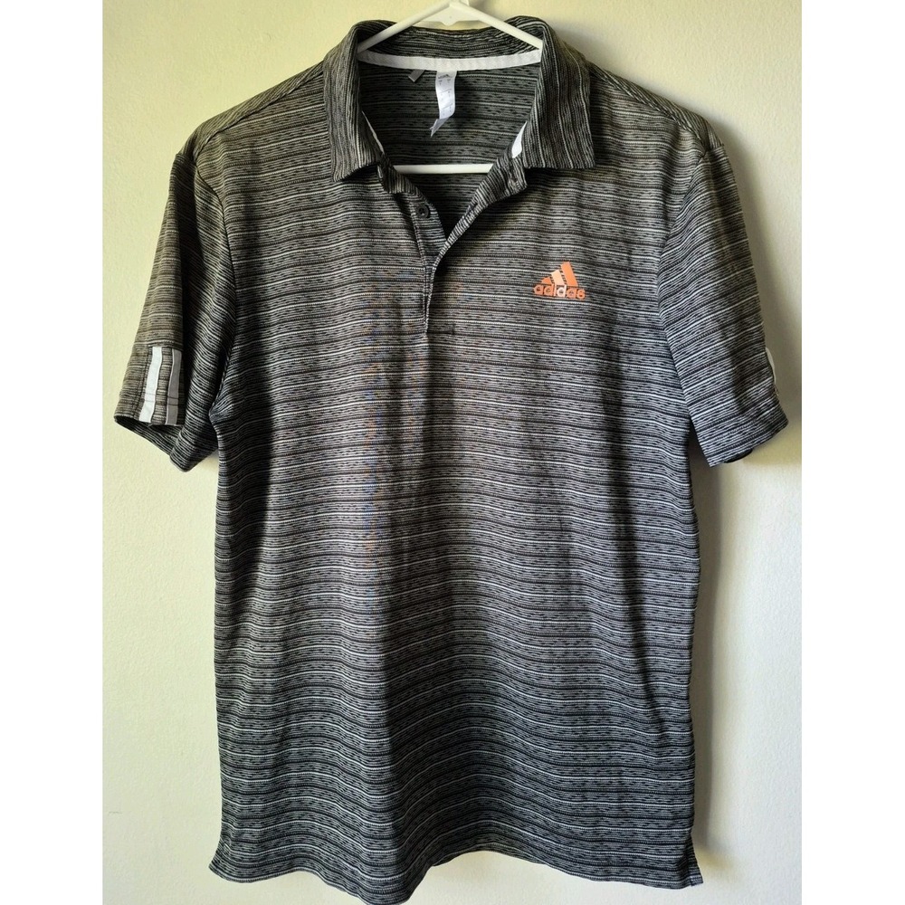 Adidas Men's S Short Sleeve Striped Polo Shirt Brown/Gray 3 Stripe Right Sleeve